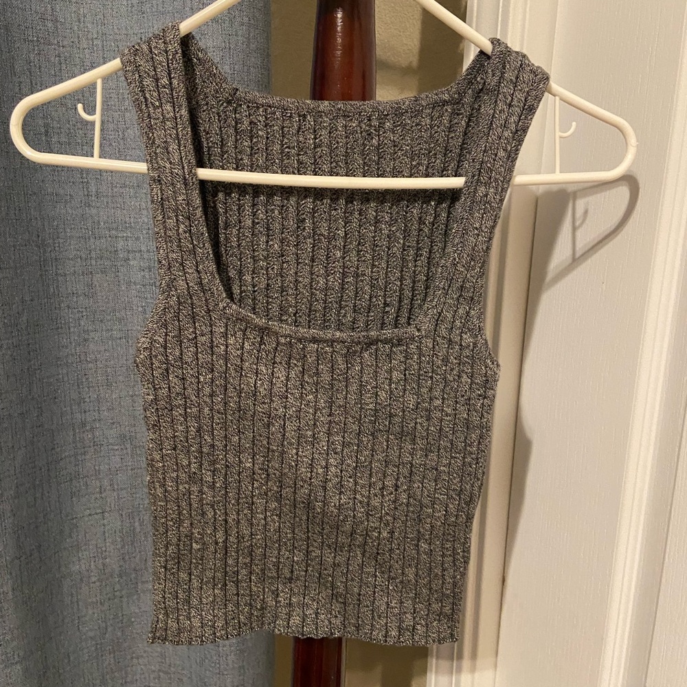 Women’s Grey Ribbed Sleeveless Square Neck Crop Top Tank Summer Stretch Size S